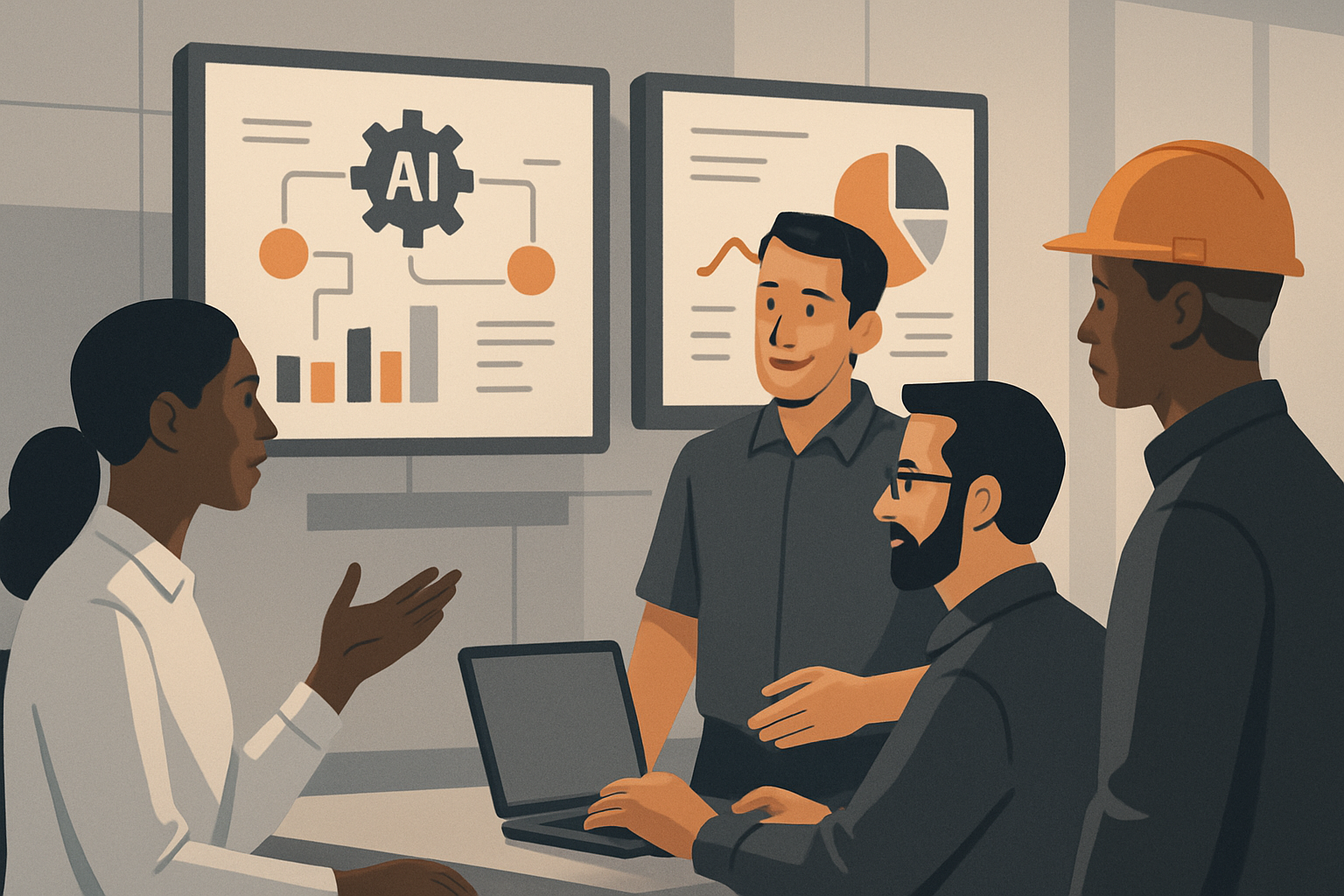 Обговорення AI-автоматизації у виробництві ai automation у виробництві 2026 ROI: команда інженерів обговорює впровадження AI