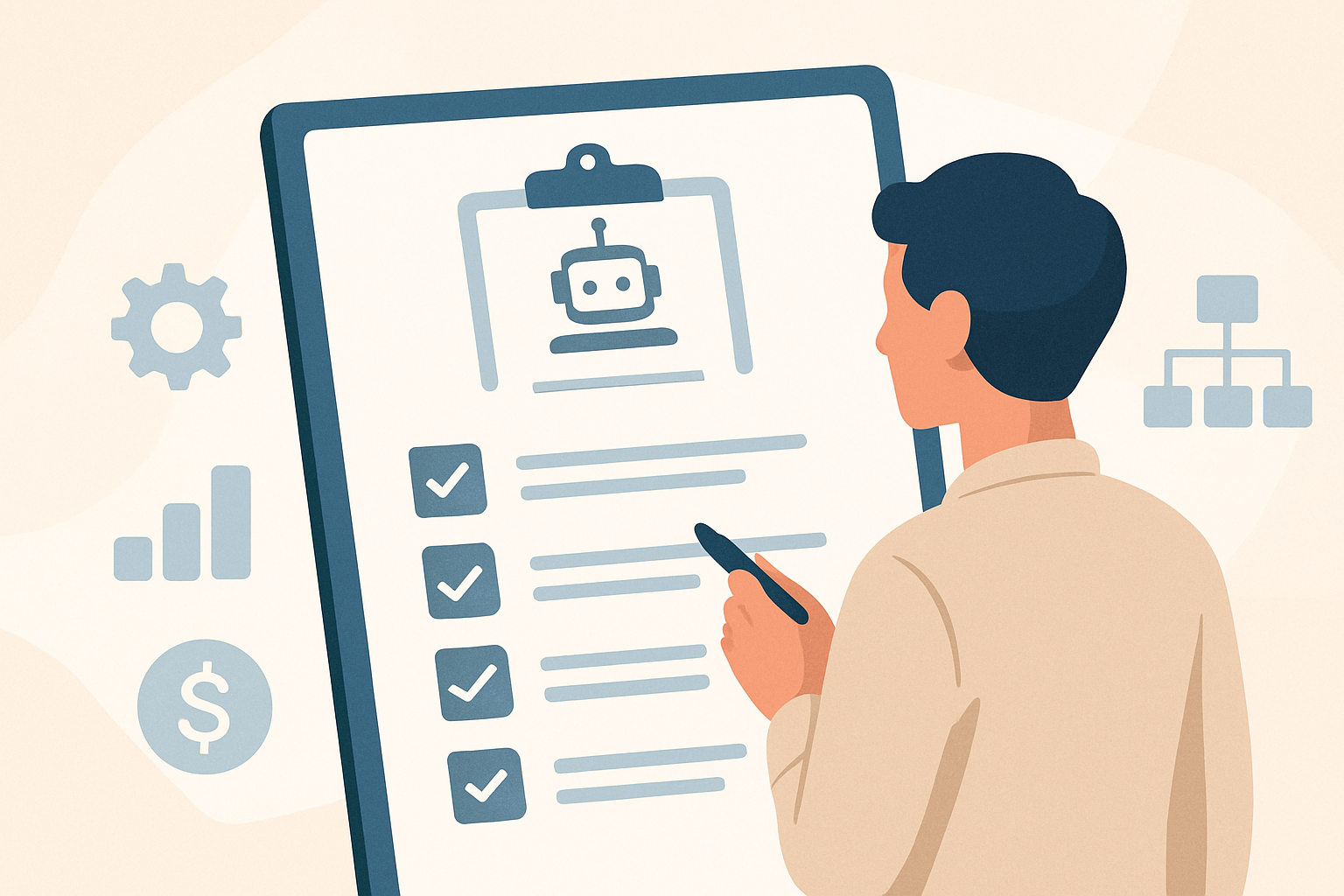 Чеклист критеріїв вибору ai agent Аналіз чеклиста критеріїв ai agent вибір бізнес-процес на планшеті