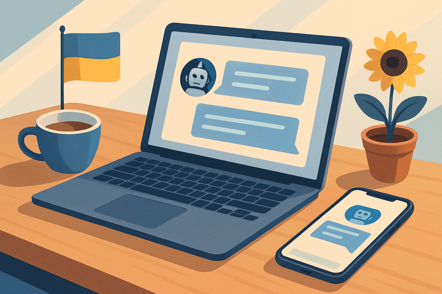 Робоче місце з AI-чат-ботом для бізнесу Розробка чат ботів для бізнесу україна — робоче місце з ноутбуком та AI-чат-ботом