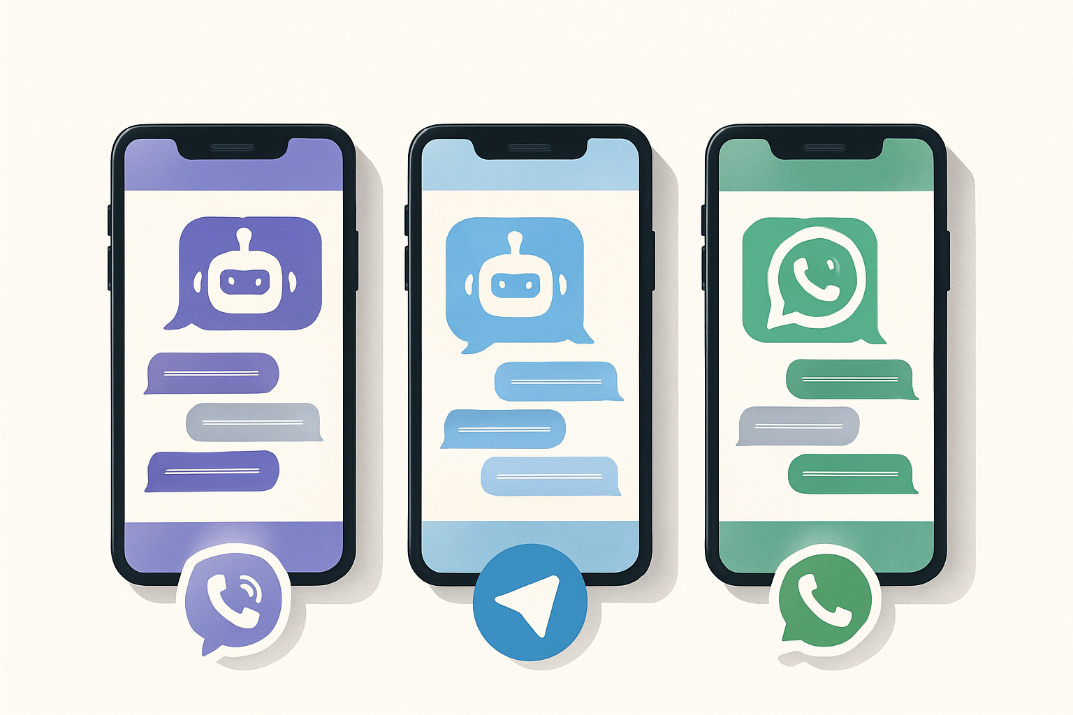 Чат боти у Viber, Telegram, WhatsApp Смартфони з інтерфейсами чат ботів Viber, Telegram, WhatsApp на білому фоні