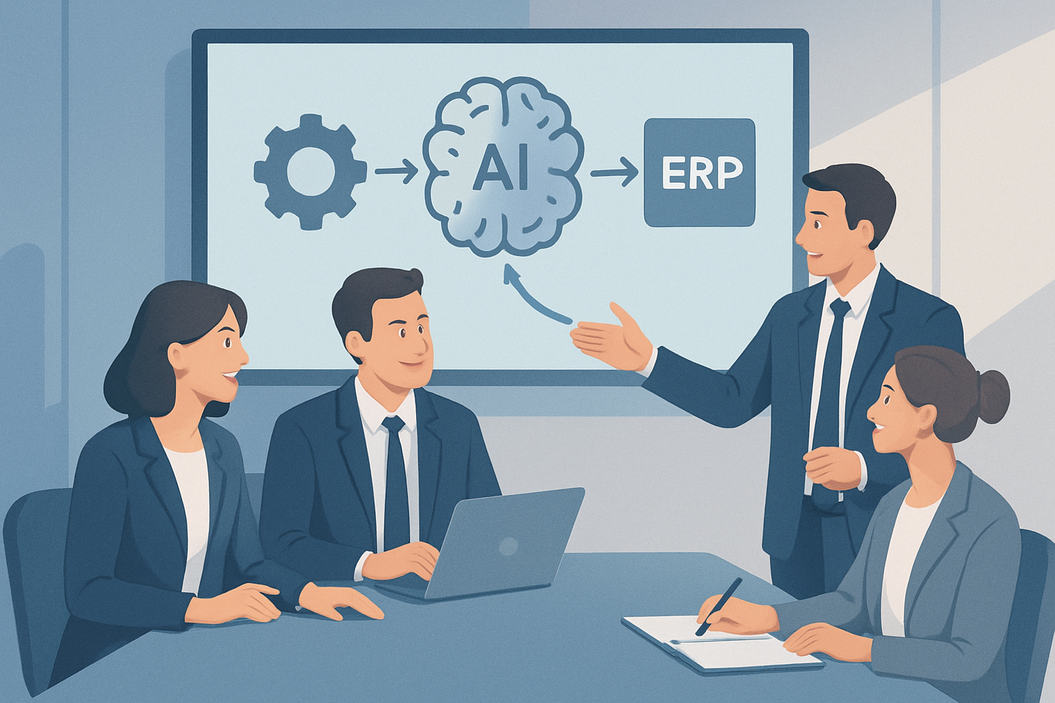 Впровадження ERP з AI Команда впроваджує erp sistema vybir dlya biznesu 2026 з інтеграцією AI